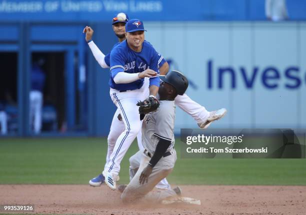 Aledmys Diaz of the Toronto Blue Jays collides with Didi Gregorius of the New York Yankees as Gregorius arrives at second base safely but Diaz throws...