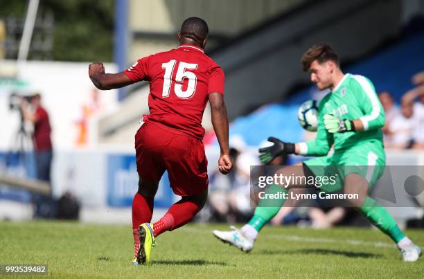 Daniel Sturridge of Liverpool scores during the Pre-season friendly between Chester FC and Liverpool on July 7, 2018 in Chester, United Kingdom.