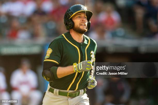 Jed Lowrie of the Oakland Athletics rounds the bases on a two run home run during the eighth inning against the Cleveland Indians at Progressive...
