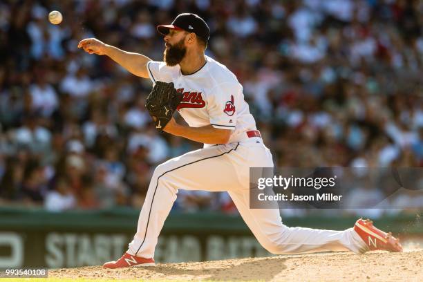 Starting pitcher Corey Kluber of the Cleveland Indians pitches during the seventh inning against the Oakland Athletics at Progressive Field on July...