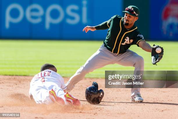 Greg Allen of the Cleveland Indians steals second as shortstop Marcus Semien of the Oakland Athletics tries to make the catch during the fifth inning...
