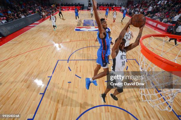 Bryant Crawford of the Brooklyn Nets shoots the ball against the Oklahoma City Thunder during the 2018 Las Vegas Summer League on July 7, 2018 at the...