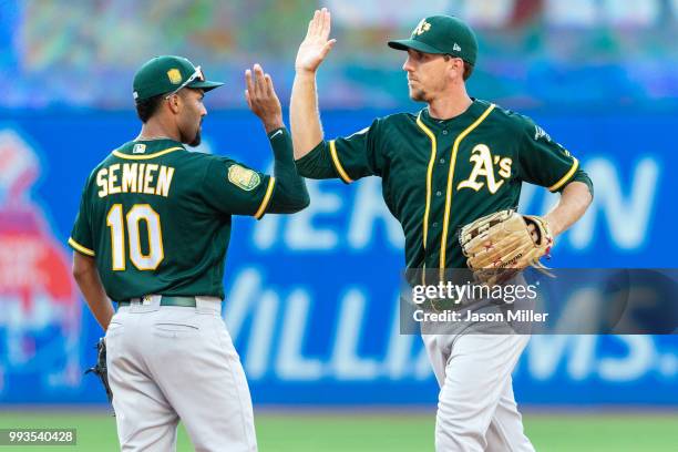 Marcus Semien celebrates with Stephen Piscotty of the Oakland Athletics after the Athletics defeated the Cleveland Indians at Progressive Field on...