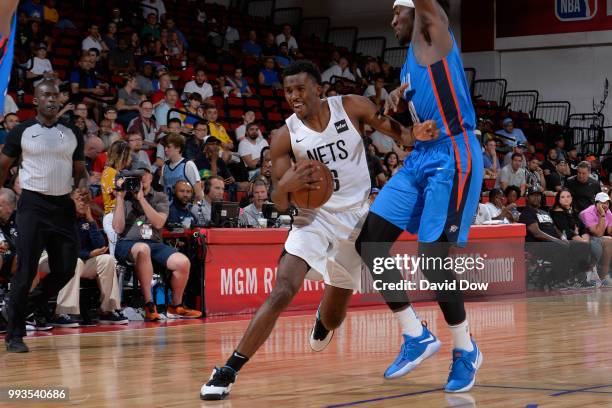 Semaj Christon of the Brooklyn Nets handles the ball against the Oklahoma City Thunder during the 2018 Las Vegas Summer League on July 7, 2018 at the...