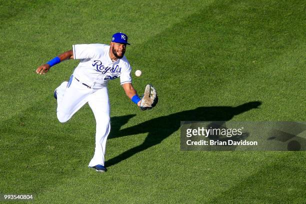 Jorge Bonifacio of the Kansas City Royals catches the ball for an out against Oscar Hernandez of the Boston Red Sox during the first inning at...