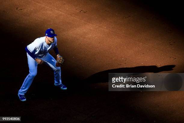 Hunter Dozier of the Kansas City Royals gets set for the pitch during the first inning against the Boston Red Sox at Kauffman Stadium on July 7, 2018...