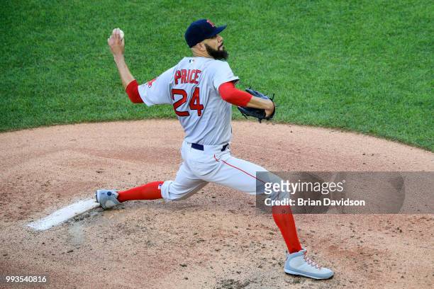 David Price of the Boston Red Sox pitches during the second inning against the Kansas City Royals at Kauffman Stadium on July 7, 2018 in Kansas City,...