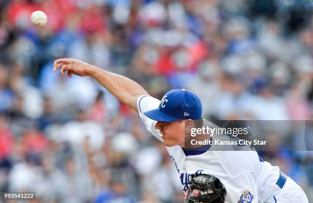 Kansas City Royals pitcher Brad Keller works in the first inning against the Boston Red Sox at Kauffman Stadium in Kansas City, Mo., on Saturday,...