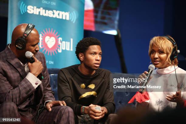 Gallant on stage with hosts Cayman Kelly and Michel Wright during SiriusXM's Heart & Soul Channel Broadcasts from Essence Festival on July 7, 2018 in...
