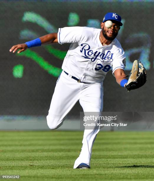 Kansas City Royals right fielder Jorge Bonifacio runs down a fly ball out on the Boston Red Sox's Oscar Hernandez in the first inning at Kauffman...