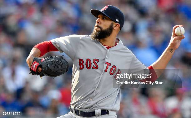 Boston Red Sox pitcher David Price works in the first inning against the Kansas City Royals at Kauffman Stadium in Kansas City, Mo., on Saturday,...