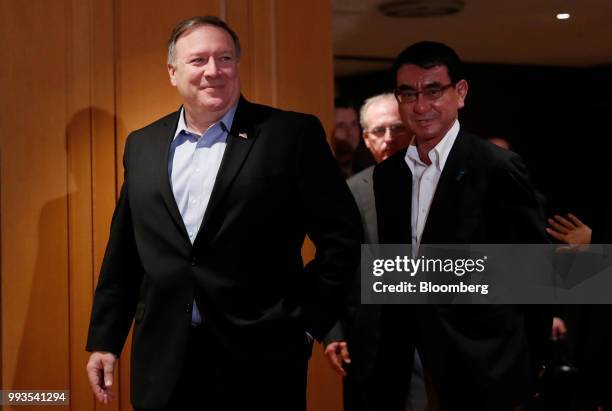 Mike Pompeo, U.S. Secretary of state, left, stands with Taro Kono, Japan's foreign minister, ahead of their breakfast meeting in Tokyo, Japan, on...