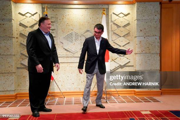 Japan's Foreign Minister Taro Kono gestures to US Secretary of State Mike Pompeo before a breakfast meeting at the Imperial Hotel in Tokyo on July 8,...