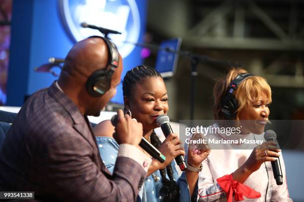 Rapper Roxanne Shante on stage with hosts Cayman Kelly and Michel Wright during SiriusXM's Heart & Soul Channel Broadcasts from Essence Festival on...