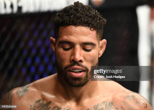 Max Griffin rests between rounds against Curtis Millender in their welterweight fight during the UFC 226 event inside T-Mobile Arena on July 7, 2018...