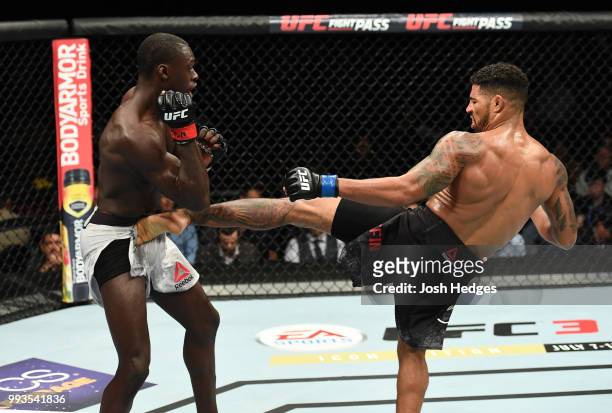 Max Griffin kicks Curtis Millender in their welterweight fight during the UFC 226 event inside T-Mobile Arena on July 7, 2018 in Las Vegas, Nevada.