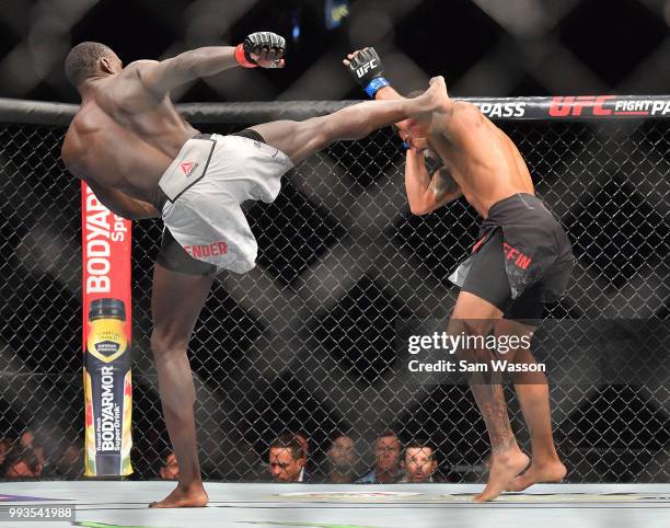 Curtis Millender kicks Max Griffin during their welterweight fight at T-Mobile Arena on July 7, 2018 in Las Vegas, Nevada. Millender won by unanimous...