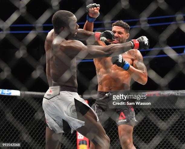 Curtis Millender and Max Griffin trade punches during their welterweight fight at T-Mobile Arena on July 7, 2018 in Las Vegas, Nevada. Millender won...