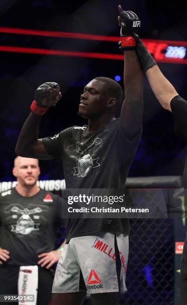 Curtis Millender celebrates his win over Max Griffin in their welterweight fight during the UFC 226 event inside T-Mobile Arena on July 7, 2018 in...