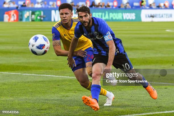 Montreal Impact midfielder Ignacio Piatti and Colorado Rapids defender Kortne Ford look at the ball getting away during the Colorado Rapids versus...