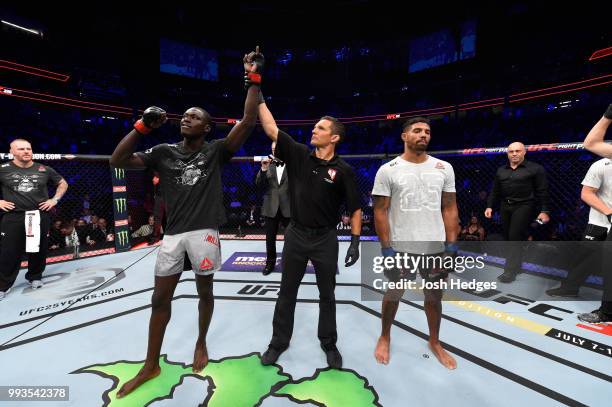 Curtis Millender celebrates his win over Max Griffin in their welterweight fight during the UFC 226 event inside T-Mobile Arena on July 7, 2018 in...