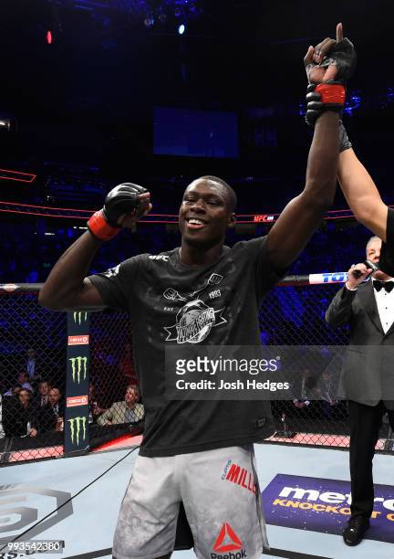Curtis Millender celebrates his win over Max Griffin in their welterweight fight during the UFC 226 event inside T-Mobile Arena on July 7, 2018 in...