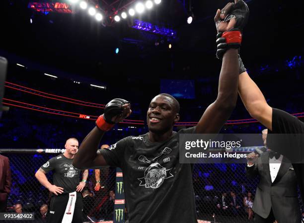 Curtis Millender celebrates his win over Max Griffin in their welterweight fight during the UFC 226 event inside T-Mobile Arena on July 7, 2018 in...