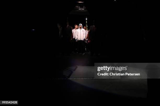 Max Griffin walks to the Ocatgon during the UFC 226 event inside T-Mobile Arena on July 7, 2018 in Las Vegas, Nevada.