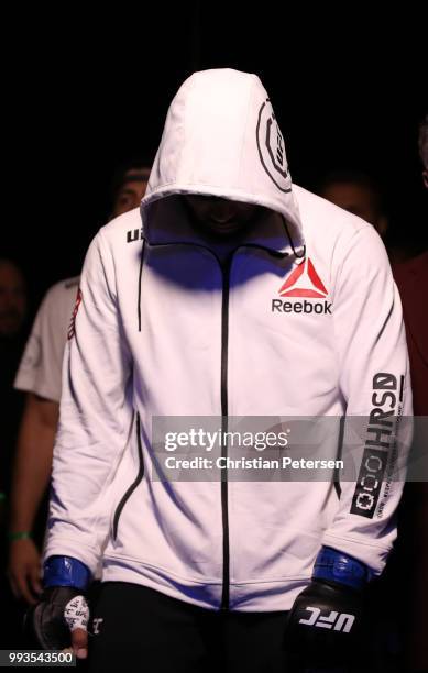 Max Griffin prepares to enter the Octagon against Curtis Millender in their welterweight fight during the UFC 226 event inside T-Mobile Arena on July...