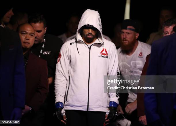 Max Griffin prepares to enter the Octagon against Curtis Millender in their welterweight fight during the UFC 226 event inside T-Mobile Arena on July...