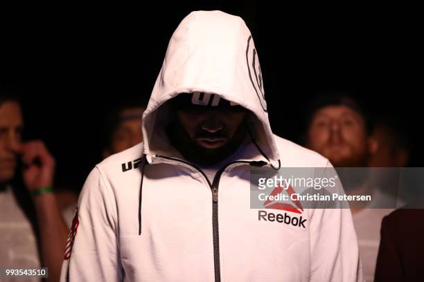 Max Griffin prepares to enter the Octagon against Curtis Millender in their welterweight fight during the UFC 226 event inside T-Mobile Arena on July...