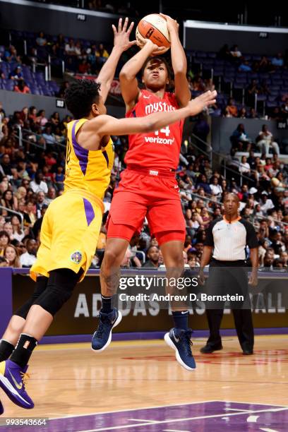 Tierra Ruffin-Pratt of the Washington Mystics shoots the ball against the Los Angeles Sparks on July 7, 2018 at STAPLES Center in Los Angeles,...