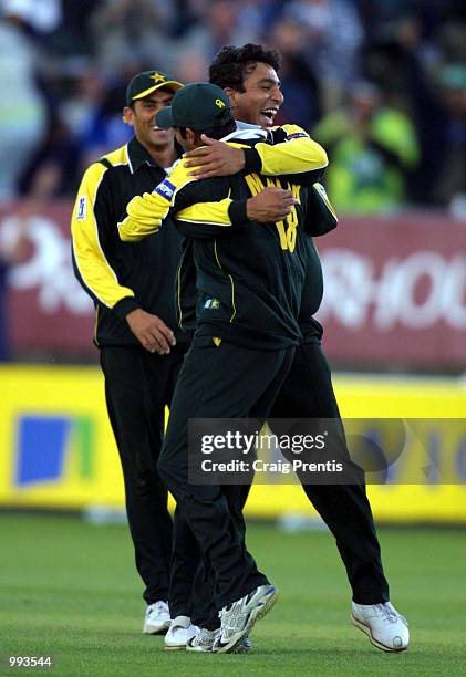 Azhar Mahmood of Pakistan celebrates taking the wicket of Alec Stewart of England during the Natwest one day series match between England and...