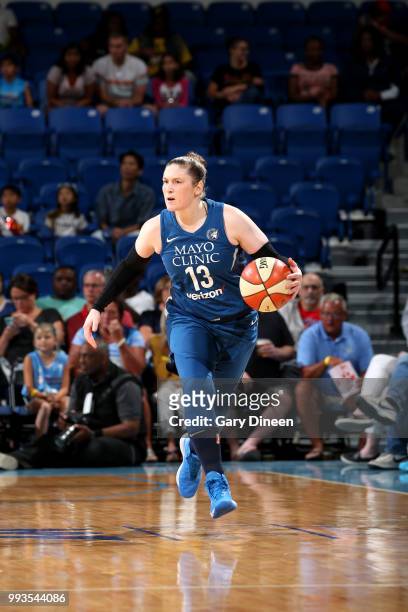 Lindsay Whalen of the Minnesota Lynx handles the ball against the Chicago Sky on July 07, 2018 at the Wintrust Arena in Chicago, Illinois. NOTE TO...