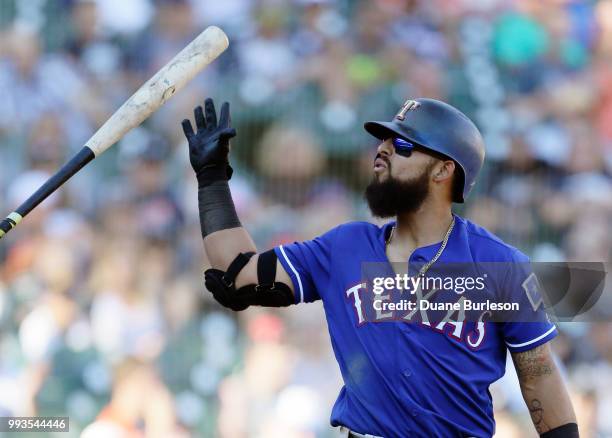 Rougned Odor of the Texas Rangers reacts after being called out on strikes against the Detroit Tigers during the eighth inning at Comerica Park on...