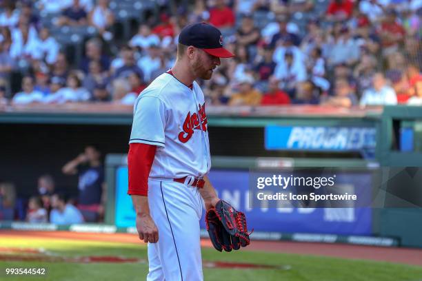 Cleveland Indians pitcher Neil Ramirez leaves the field after giving up back-to-back home runs to tie the game during the eighth inning of the Major...