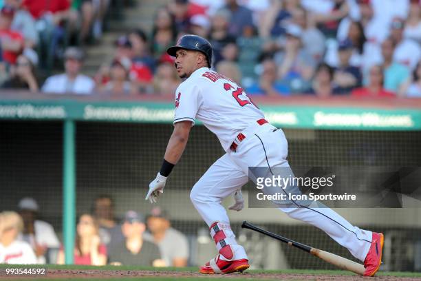 Cleveland Indians left fielder Michael Brantley singles during the ninth inning of the Major League Baseball game between the Oakland Athletics and...