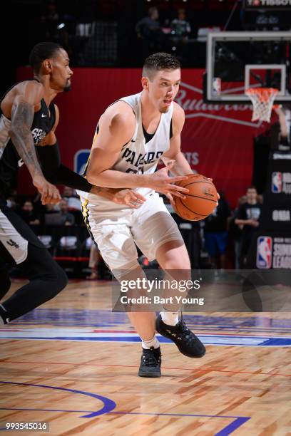 Leaf of the Indiana Pacers handles the ball against the San Antonio Spurs during the 2018 Las Vegas Summer League on July 7, 2018 at the Thomas &...