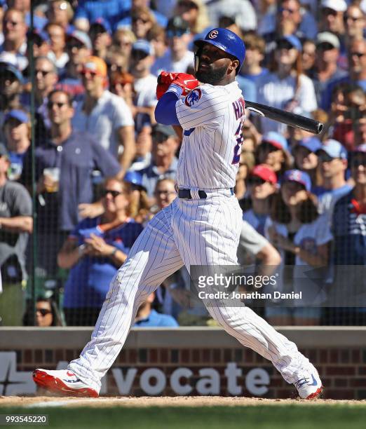 Jason Heyward of the Chicago Cubs bats against the Cincinnati Reds at Wrigley Field on July 6, 2018 in Chicago, Illinois. The Reds defeated the Cubs...