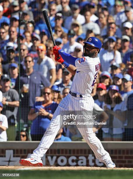 Jason Heyward of the Chicago Cubs bats against the Cincinnati Reds at Wrigley Field on July 6, 2018 in Chicago, Illinois. The Reds defeated the Cubs...