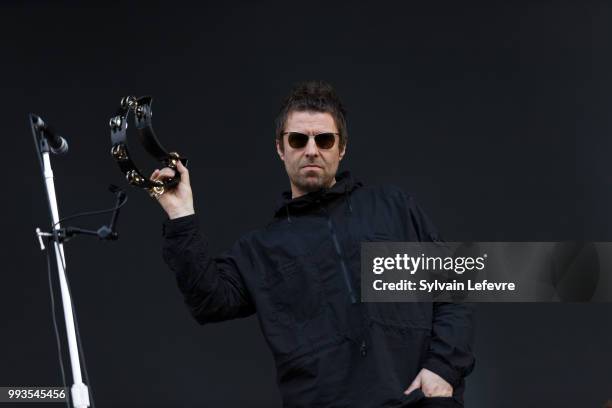 Former Oasis' co-leader Liam Gallagher performs on stage with his band during Arras' Main Square festival day 2 on July 7, 2018 in Arras, France.