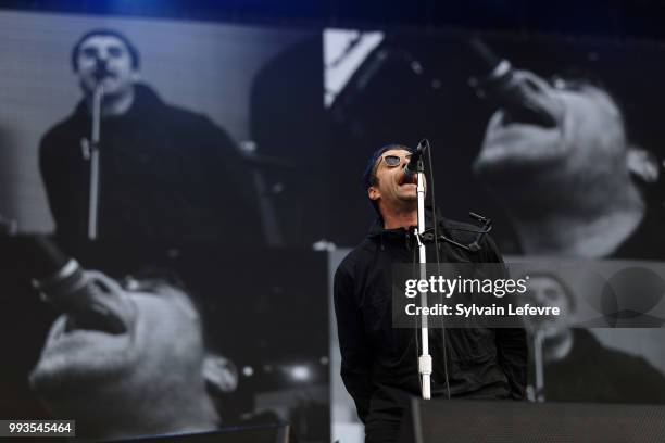 Former Oasis' co-leader Liam Gallagher performs on stage with his band during Arras' Main Square festival day 2 on July 7, 2018 in Arras, France.