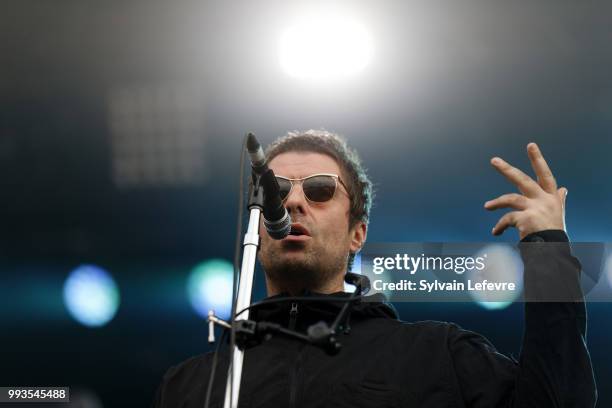 Former Oasis' co-leader Liam Gallagher performs on stage with his band during Arras' Main Square festival day 2 on July 7, 2018 in Arras, France.