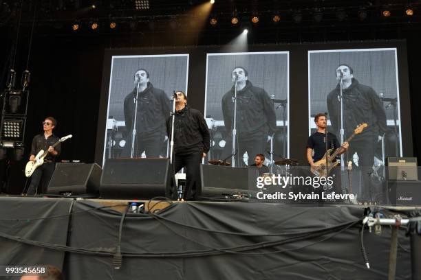 Former Oasis' co-leader Liam Gallagher performs on stage with his band during Arras' Main Square festival day 2 on July 7, 2018 in Arras, France.