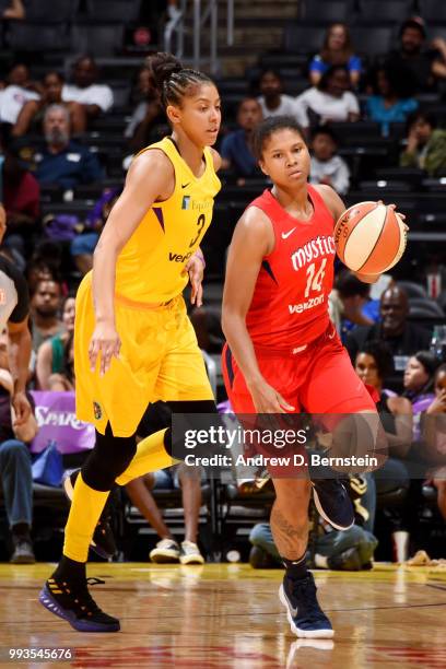 Tierra Ruffin-Pratt of the Washington Mystics handles the ball against the Los Angeles Sparks on July 7, 2018 at STAPLES Center in Los Angeles,...