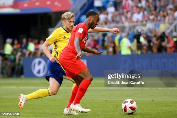 Raheem Sterling of England, Emil Forsberg of Sweden during the 2018 FIFA World Cup Russia Quarter Final match between Sweden and England at Samara...