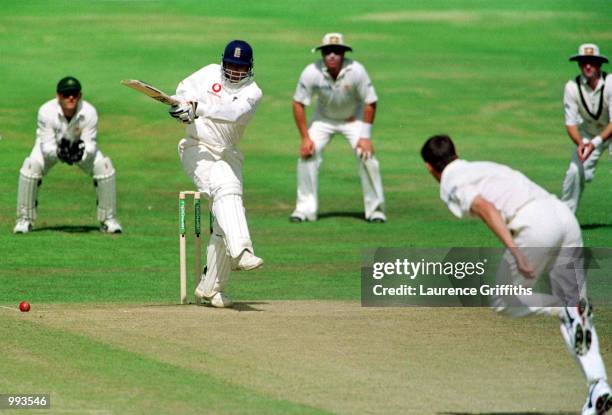 Mark Butcher of England hits out during the 5th day of the 4th NPower test match between England and Australia at Headingley, Leeds. Mandatory...