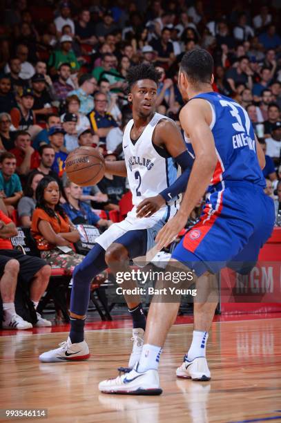 Kobi Simmons of Memphis Grizzlies handles the ball against the Detroit Pistons during the 2018 Las Vegas Summer League on July 6, 2018 at the Cox...