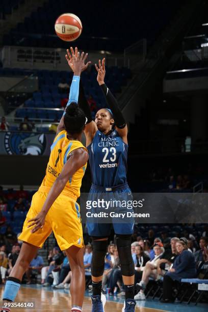 Maya Moore of the Minnesota Lynx shoots the ball against Diamond DeShields of the Chicago Sky on July 07, 2018 at the Wintrust Arena in Chicago,...