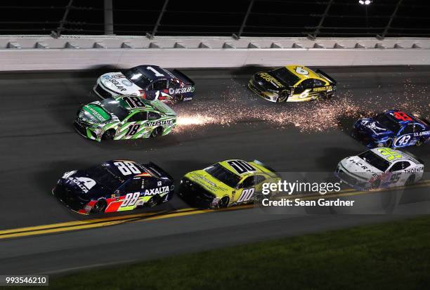Kyle Busch, driver of the Interstate Batteries Toyota, is involved in an on-track incident during the Monster Energy NASCAR Cup Series Coke Zero...